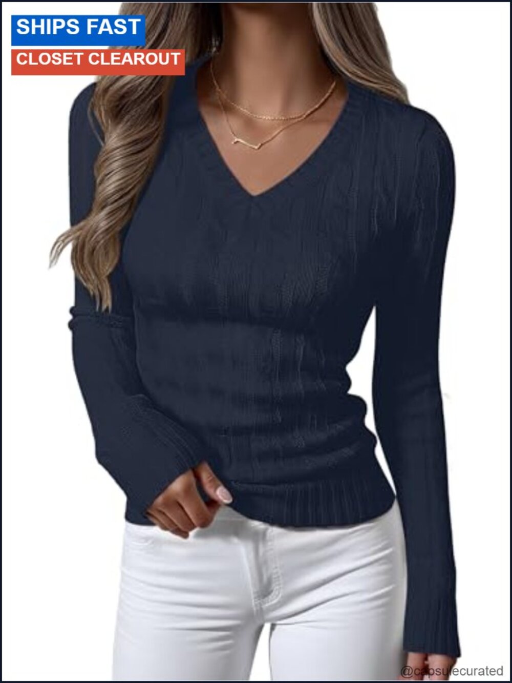 Cable Knit V Neck Long Sleeve Fitted Pullover Sweater